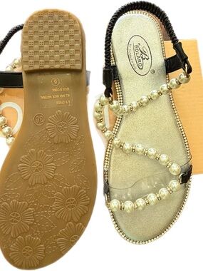 Women's Pearl-Embellished Black Sandals - Gold Insole